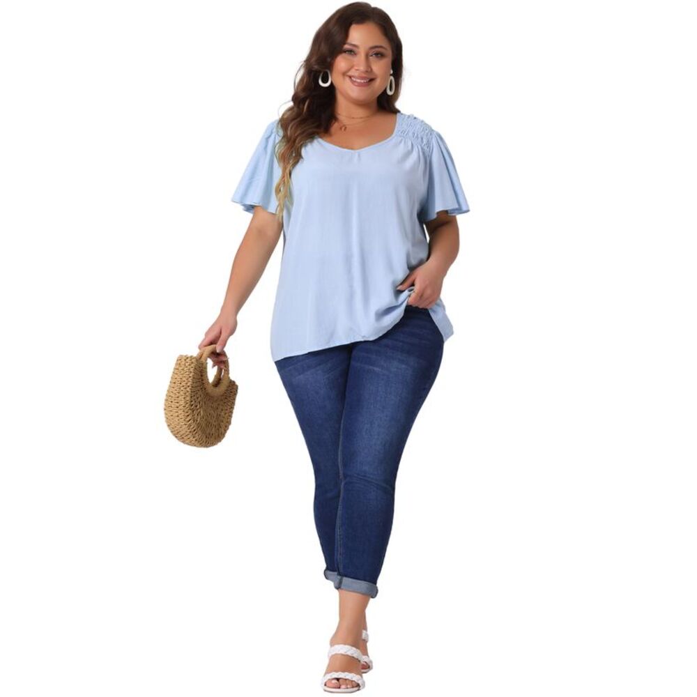 Plus Size V Neck Ruffle Sleeve Smocked Shoulder Chiffon Blouse Blue - Picture 3 of 6